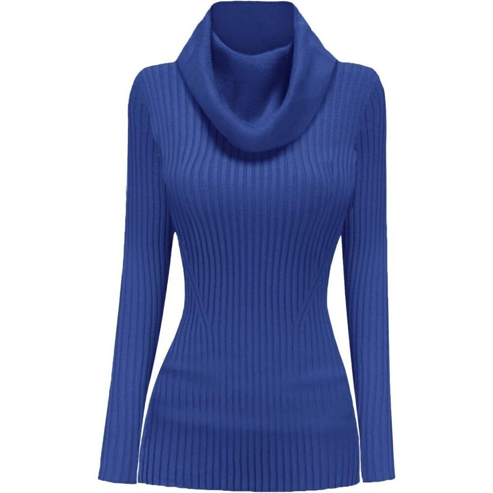 Women’s Cowl Neck Dark Blue Stretchable Knit Long Sleeve Bodycon Sexy Sweater - Picture 3 of 5